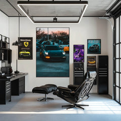 Nightfall Car Meet with Porsche 911 displayed as car wall art in a stylish modern office.