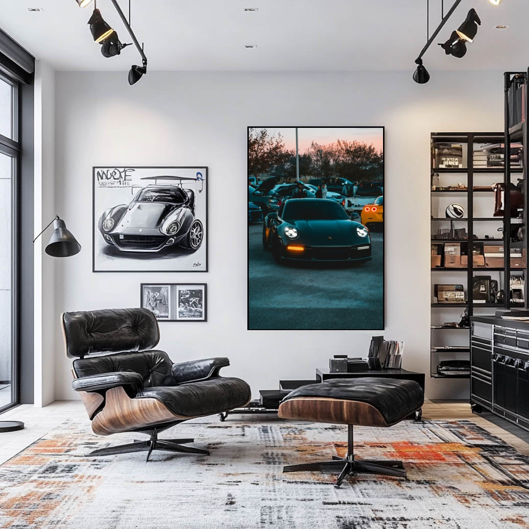 Nightfall Car Meet with Porsche 911 showcased as car wall art in a stylish modern living room.