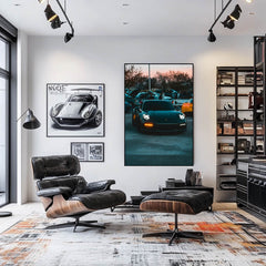 Nightfall Car Meet with Porsche 911 showcased as car wall art in a stylish modern living room.