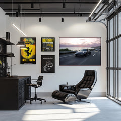 Porsche 911 GT3 Adventure car wall art displayed in a stylish office space with modern décor and a sleek black chair.