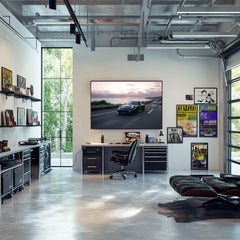 Porsche 911 GT3 Adventure car wall art displayed in a stylish office with modern decor and large windows.