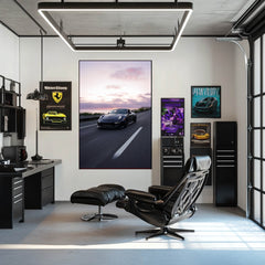 Porsche 911 GT3 Sunset Drive wall art displayed in a stylish home office, showcasing a sleek black sports car on a sunset highway.