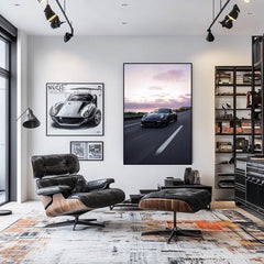 Porsche 911 GT3 Sunset Drive wall art featuring a sleek black supercar in motion along a coastal highway.