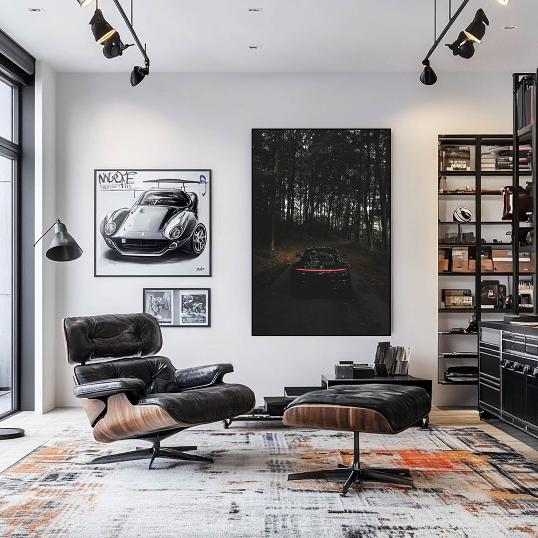 Stylish interior featuring Porsche 911 Taillight Glow in the Woods wall art and modern furniture in a chic setting.