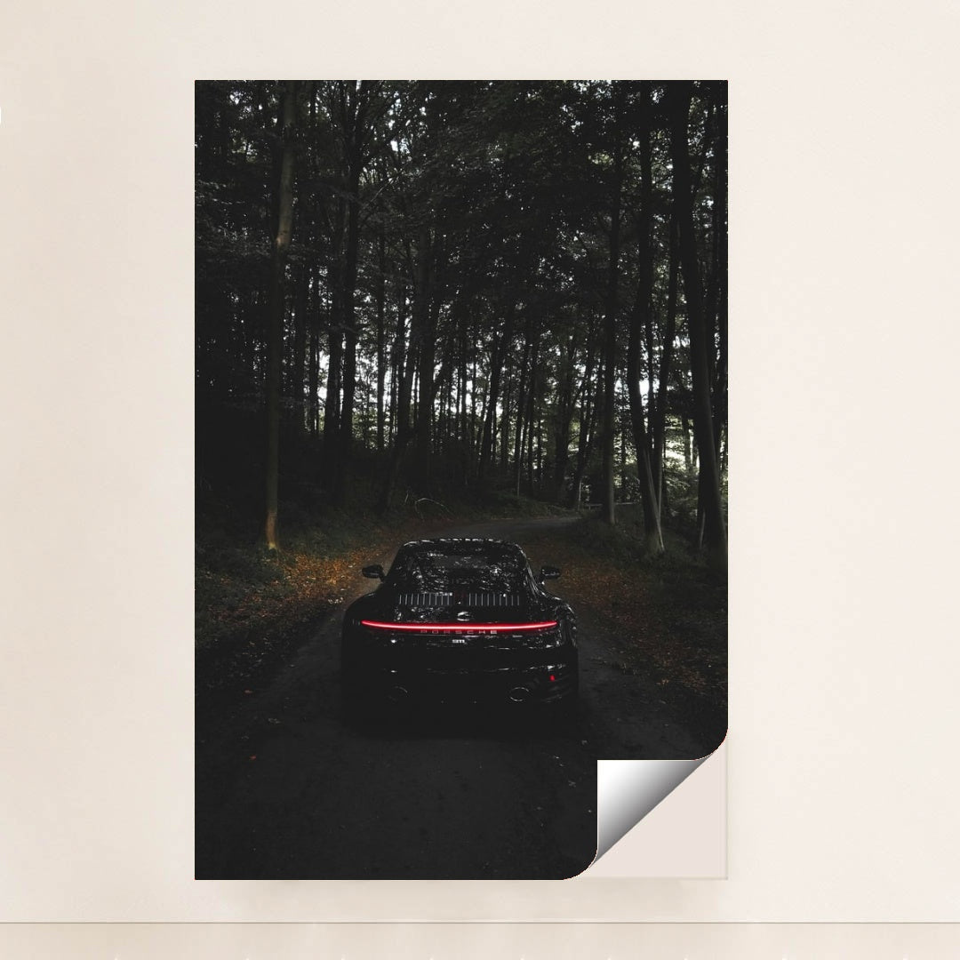 This photo shows the rear of a black Porsche with taillights illuminated, parked on a dark forest road, minimalist unframed style.