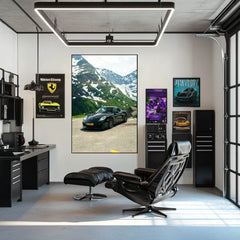 Black Porsche Cayman in the Alps displayed as stunning car wall art in a modern office setting.