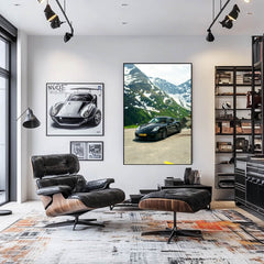 Beautiful Black Porsche Cayman in the Alps showcased in a modern living room with chic decor, perfect car wall art.