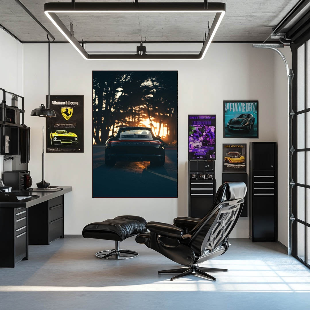 Porsche 911 Carrera 4s at Golden Hour wall art in a stylish modern office, showcasing a black car illuminated by sunset.