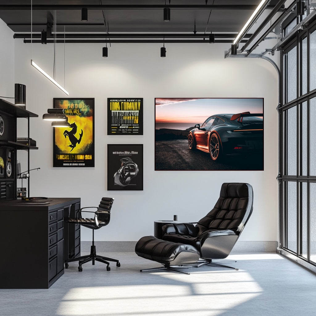 Golden Coast Porsche 911 GT3 wall art displayed in a modern office setting, showcasing performance and design.