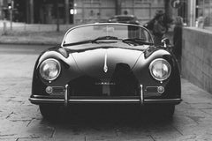 Black and White Porsche 356 Speedster captured in grayscale, showcasing elegant car wall art.