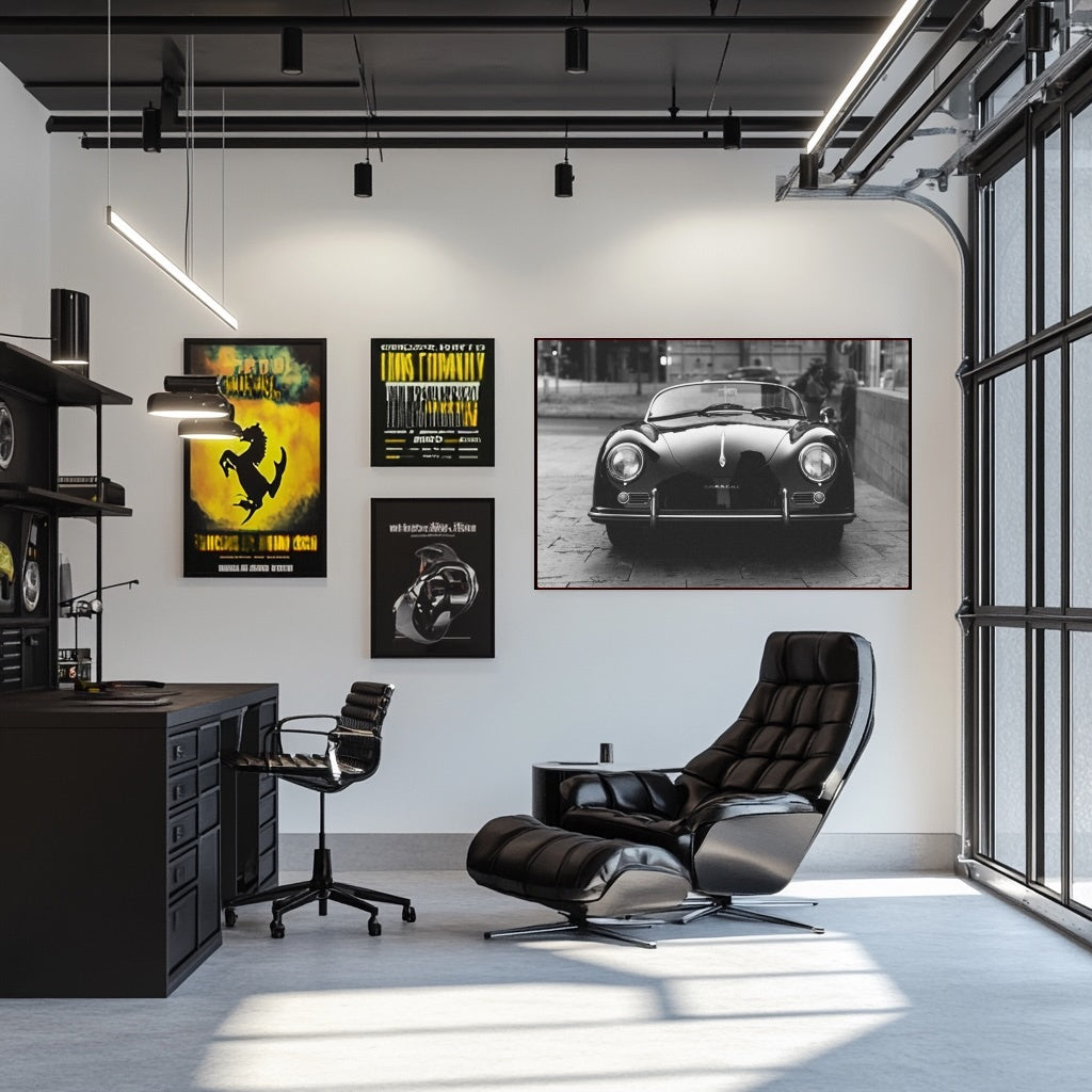 Black and White Porsche 356 Speedster artwork on wall in modern office with sleek furniture and stylish decor.