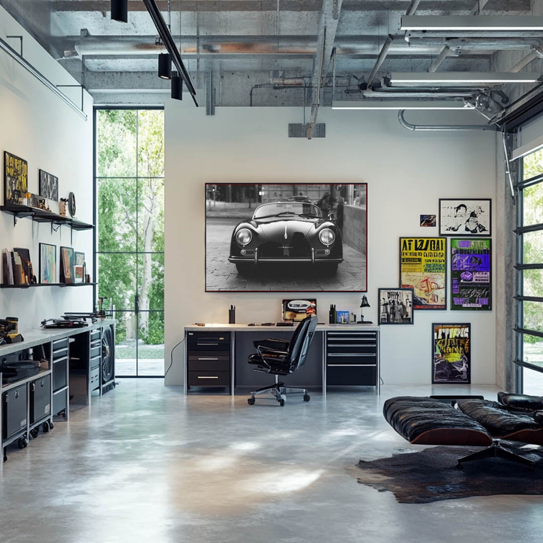 Black and White Porsche 356 Speedster wall art featuring a classic sports car in a stylish office setting.