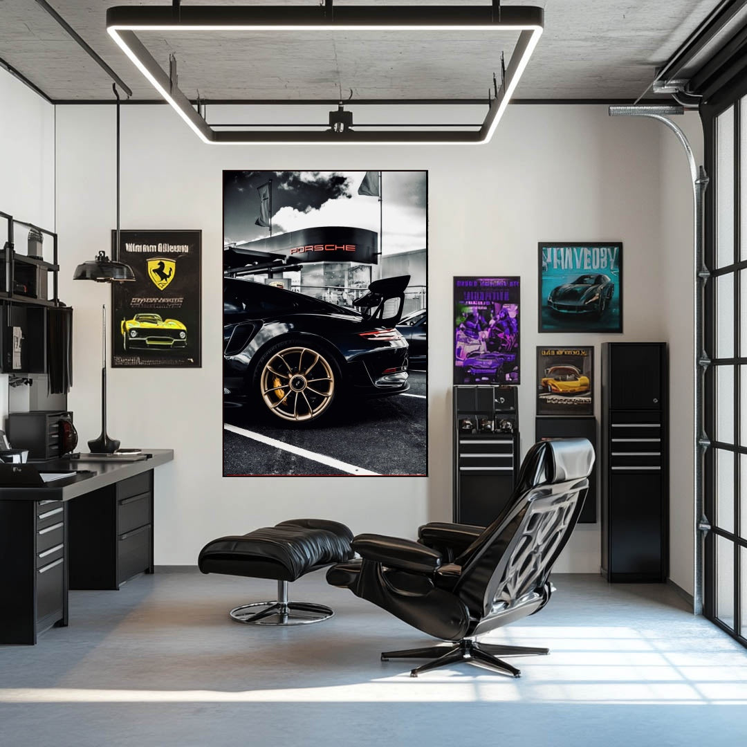 GT2 Outside Porsche displayed as car wall art in a stylish office with modern decor and dramatic lighting.