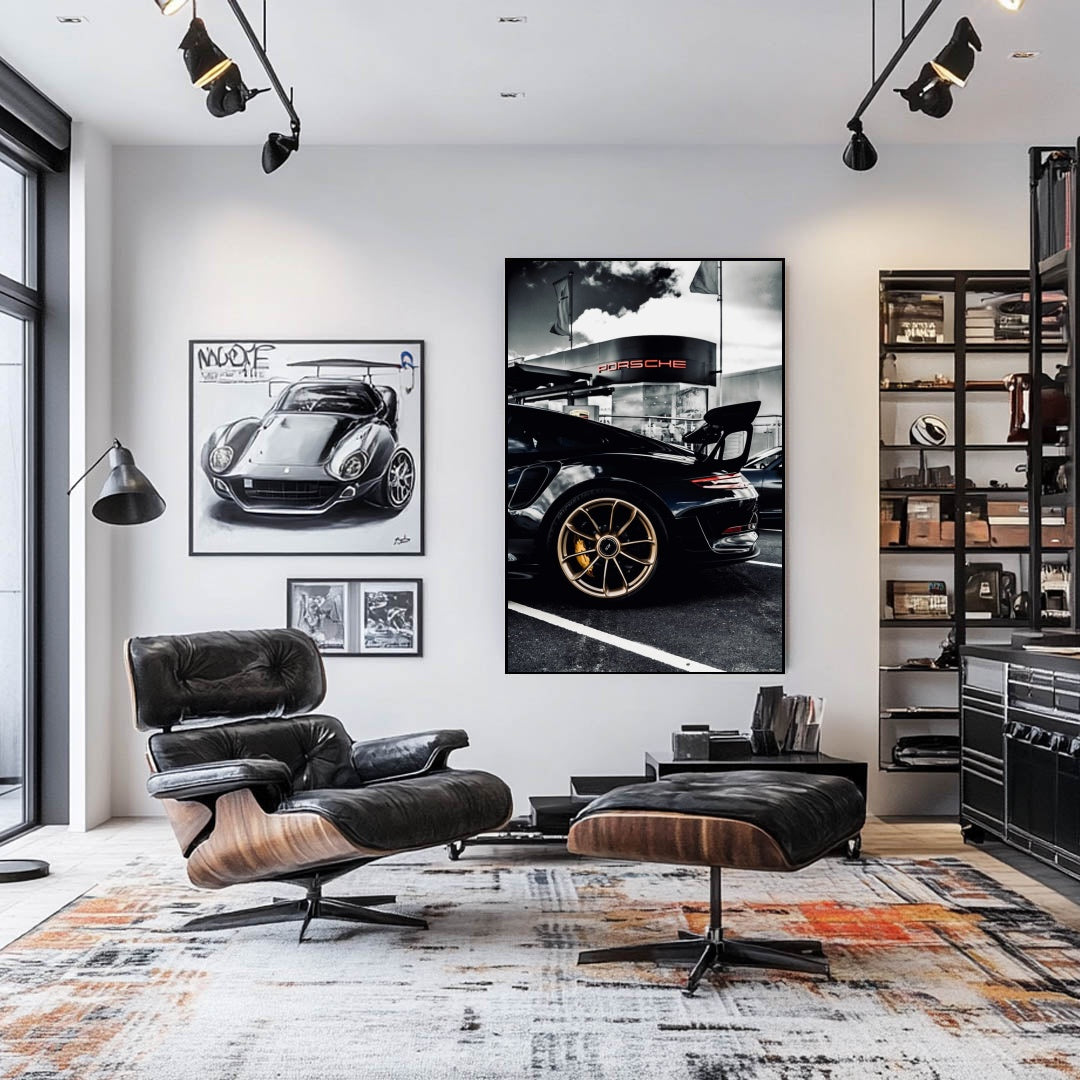 Stylish living room featuring a Porsche GT2 Outside Porsche wall art along with other car-themed decor.