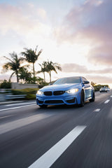 BMW M4 in Motion driving on a vibrant road, palm trees in the background, perfect car wall art for any space.