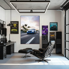 BMW M4 in Motion wall art, depicting the car racing down a palm tree-lined road in a modern office space.