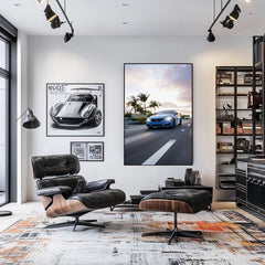 BMW M4 in Motion wall art featuring a performance car against palm trees and a glowing horizon in a modern living room.