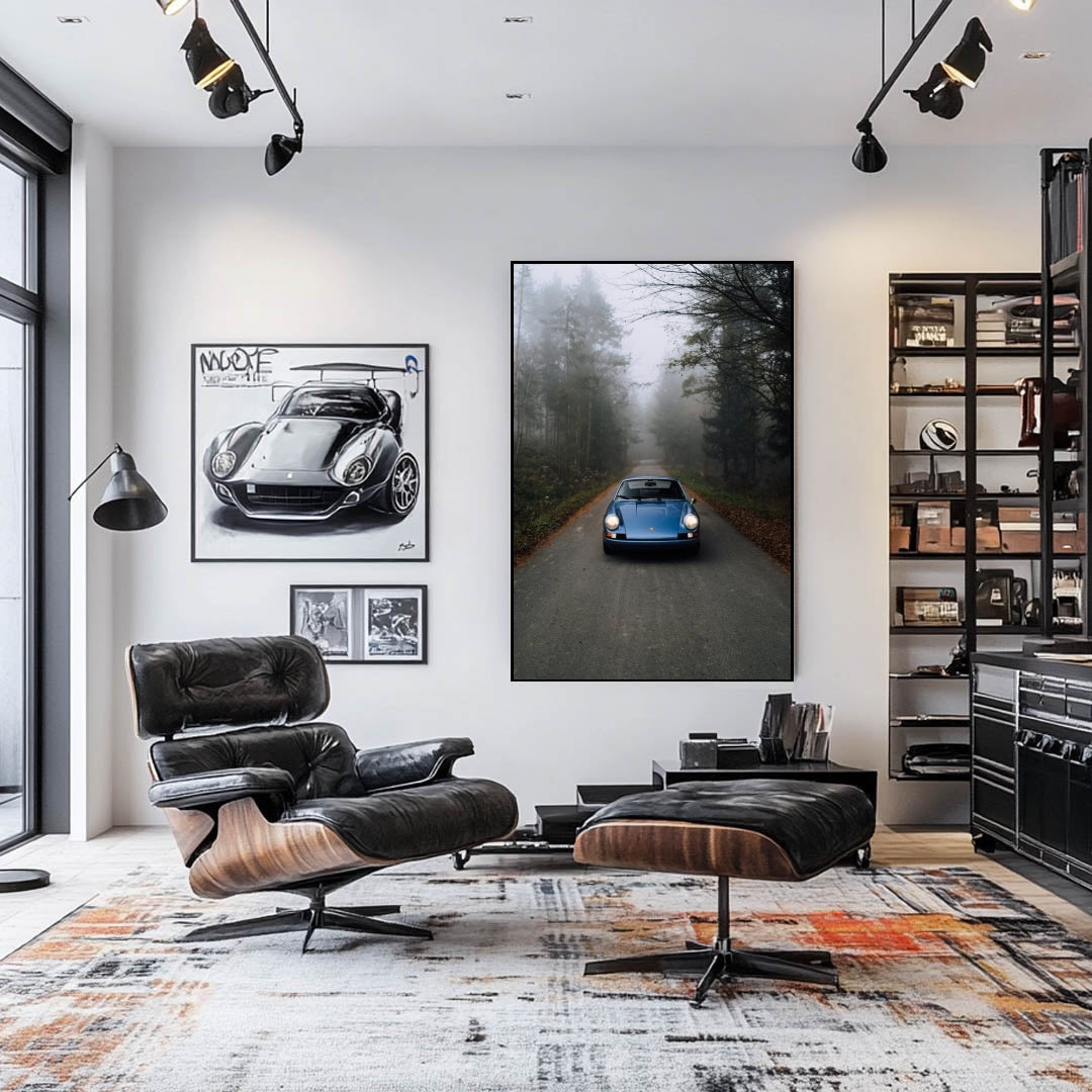 Porsche 911 in a Foggy Daydream car wall art, featuring a blue Porsche 911 on a foggy road in a modern living room.