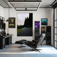 Interior featuring the Porsche 911 Tree Run wall art, showcasing a vivid blue car on a winding mountain road.