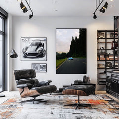Porsche 911 Tree Run wall art featuring a vivid blue Porsche driving through a scenic forest road in modern office.