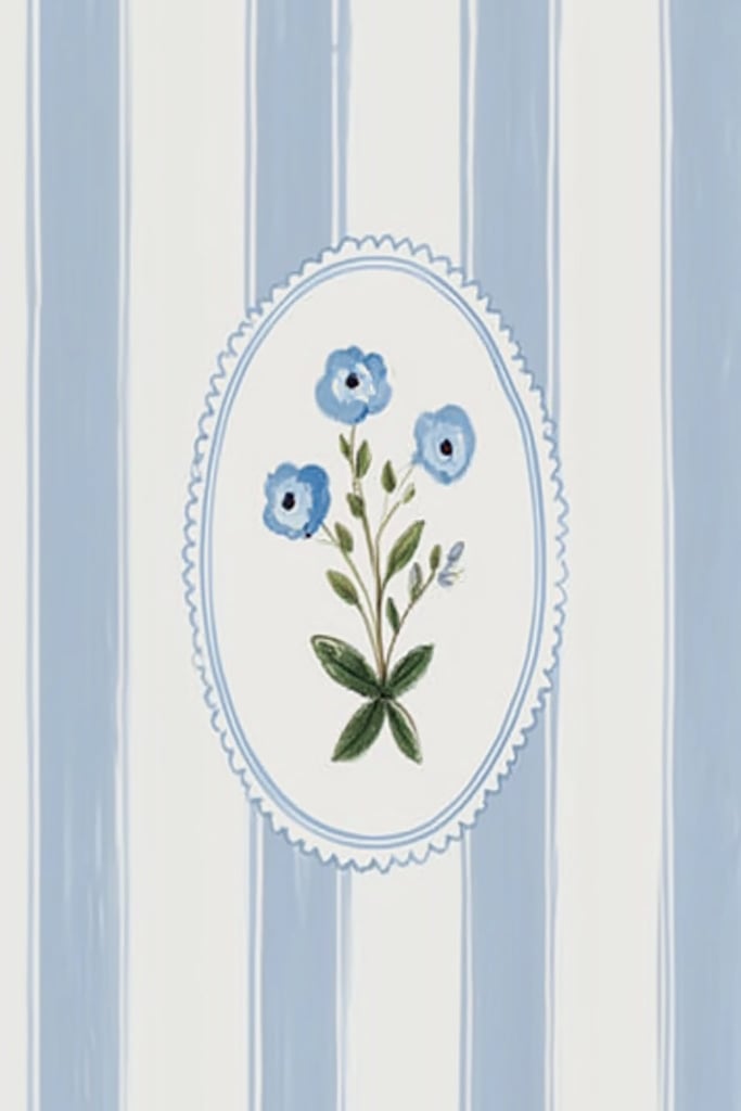 This artwork features a blue floral motif in an oval frame over vertical blue and white stripes.