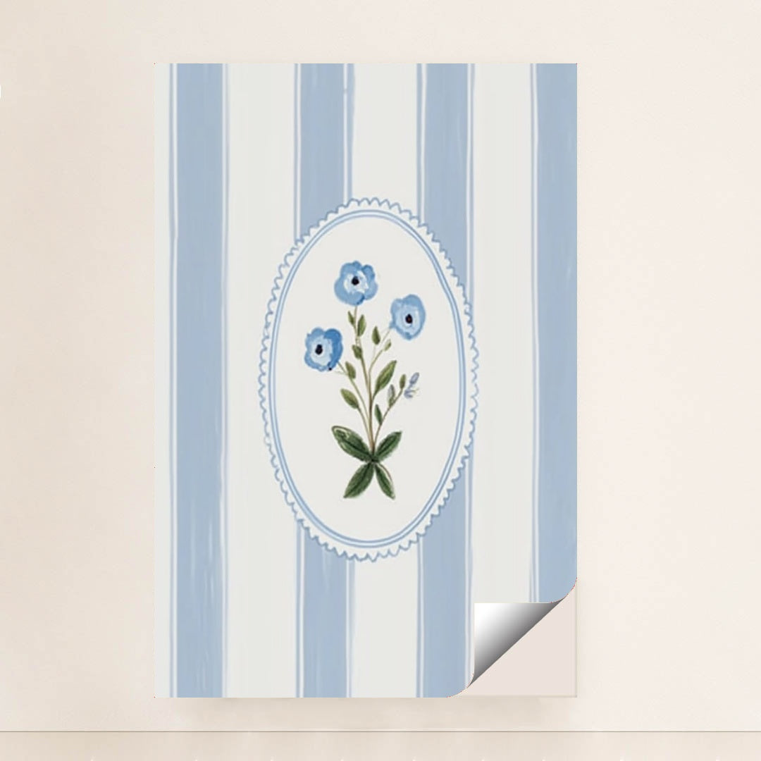 This artwork features a blue floral motif in an oval frame over vertical blue and white stripes, unframed.