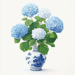 This artwork features a bouquet of blue and white hydrangeas in a blue and white porcelain vase.