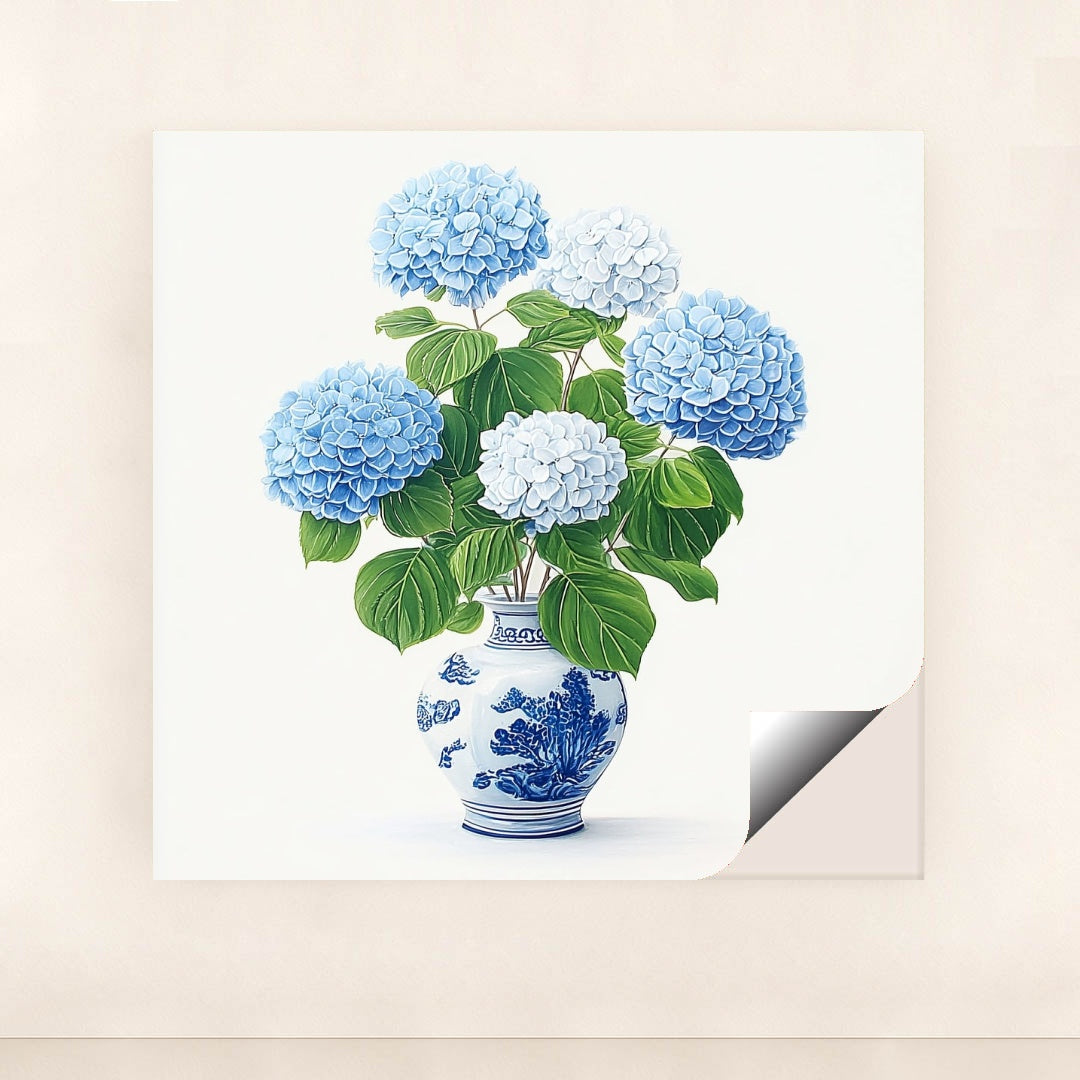 This artwork features a bouquet of blue and white hydrangeas in a blue and white porcelain vase, unframed.