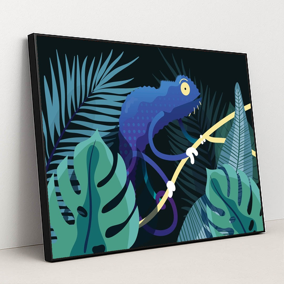 Vibrant Blue Lizard in the Jungle by Ayush Kumar - Black Frame Stretchiez