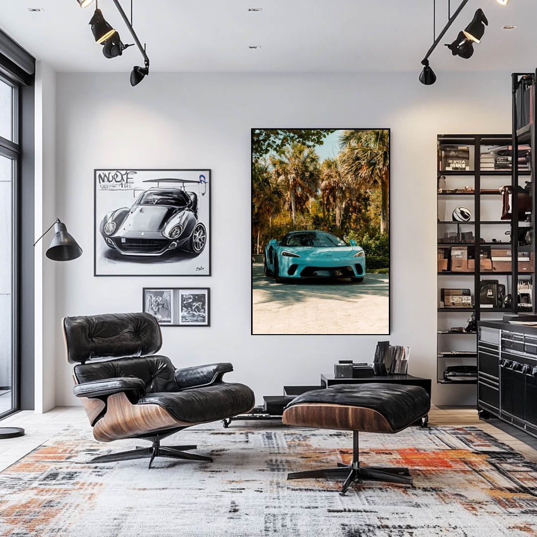 McLaren in a Summer Paradise wall art displayed in a stylish living room with modern furniture and vibrant decor.