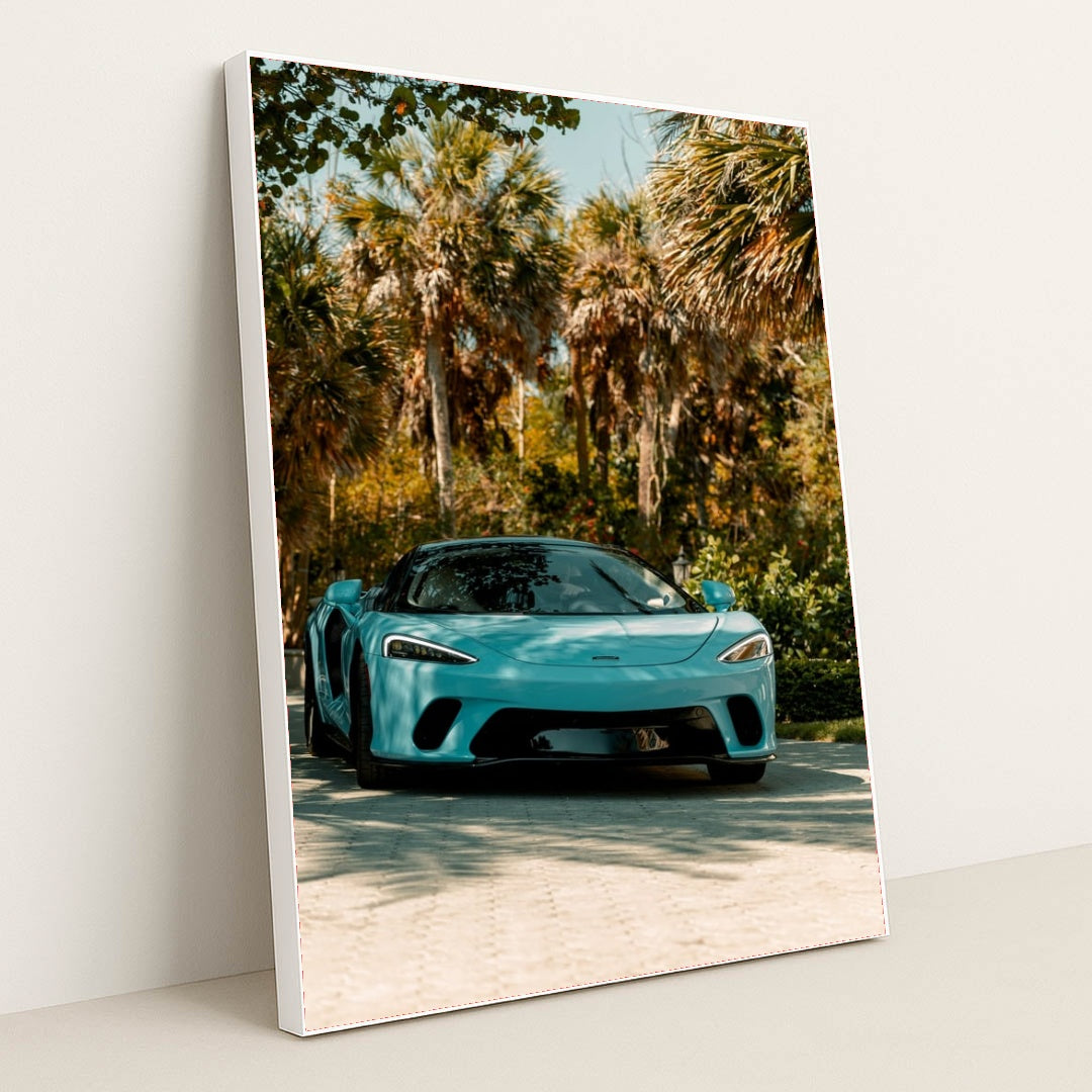 This photo shows a blue McLaren sports car parked in a sunny tropical garden with palm trees, in a white frame.
