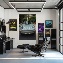 Porsche 911 Resting on a Quiet Street showcased in a modern workspace, surrounded by luxury car wall art.