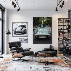 Porsche 911 Resting on a Quiet Street car wall art displayed in a stylish modern living room with elegant decor.