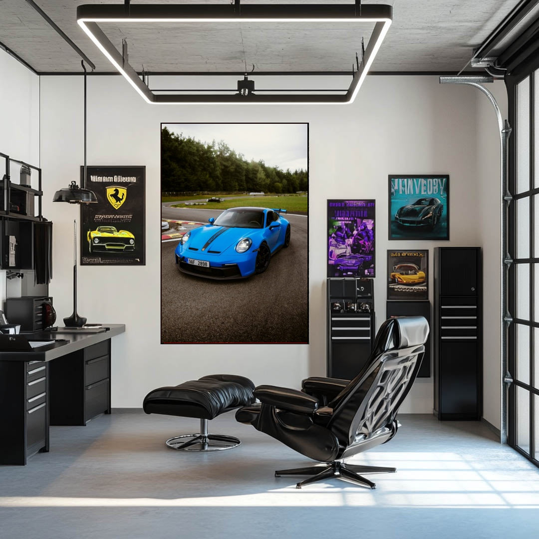 Racetrack Precision Porsche 911 GT3 wall art displayed in a sleek, modern office with racing posters.