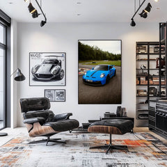 Racetrack Precision Porsche 911 GT3 showcased as car wall art in a modern interior with sleek furniture.