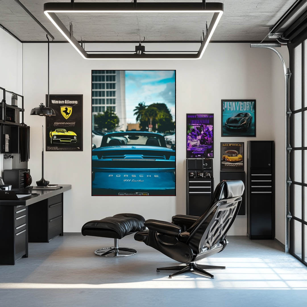 Porsche 911 Turbo Convertible in the City wall art, showcasing a blue convertible in a modern office setup.