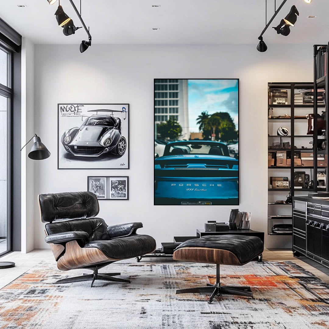 Porsche 911 Turbo Convertible in the City artwork displayed in a modern living room featuring stylish decor.