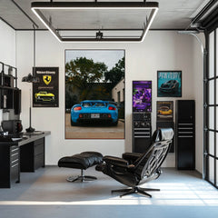 Porsche Carrera GT in Blue Steel Silence wall art displayed in modern office with stylish decor.