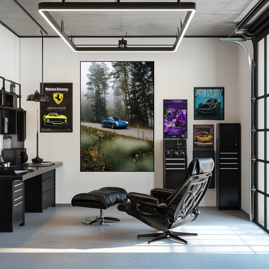 Vintage Porsche 911 Through the Pines wall art displayed in a modern home office with sleek decor.
