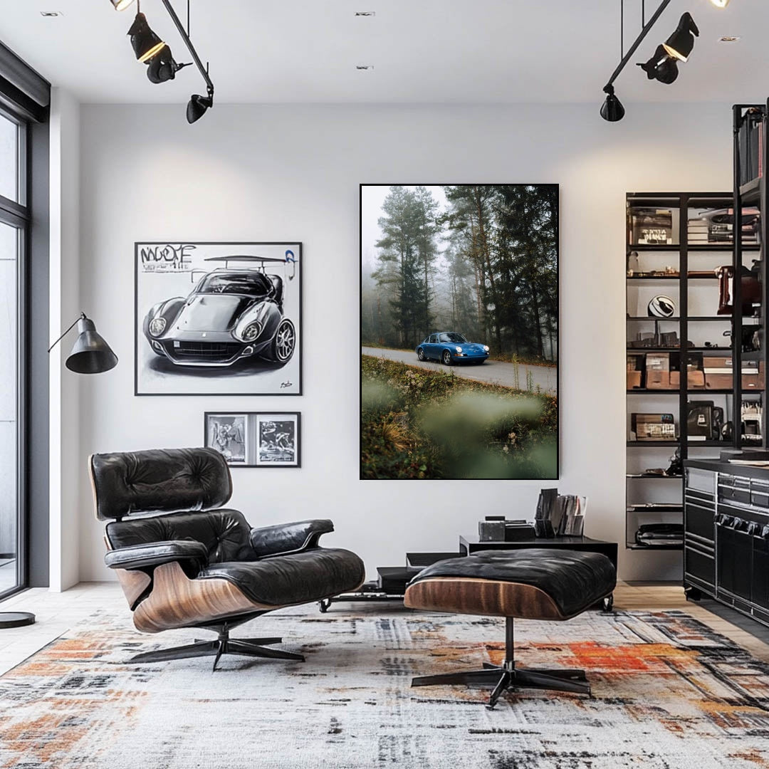 Vintage Porsche 911 Through the Pines wall art displayed in a modern living room with stylish furniture.