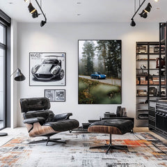 Vintage Porsche 911 Through the Pines wall art displayed in a modern living room with stylish furniture.