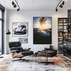 Porsche 911 in Perfect Company wall art displayed in a stylish living room with modern furniture.