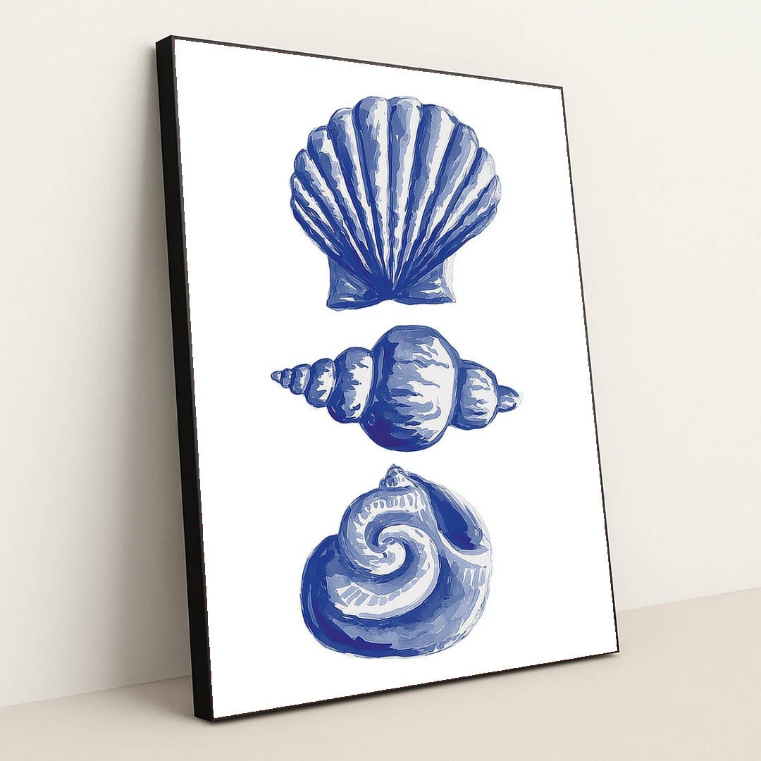 This artwork features three blue seashell illustrations in a vertical arrangement on white, in a black frame.
