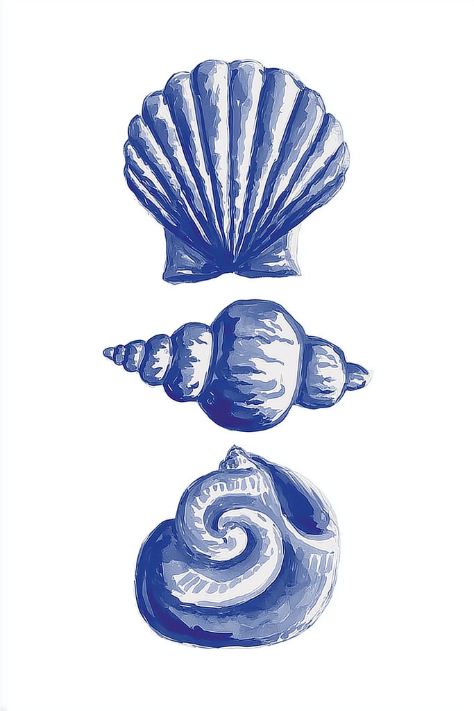 This artwork features three blue seashell illustrations in a vertical arrangement on white.