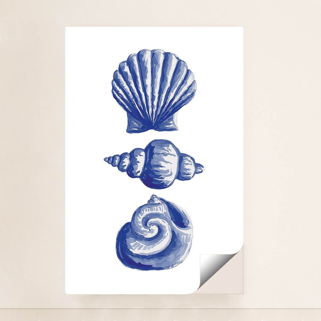 This artwork features three blue seashell illustrations in a vertical arrangement on white, unframed.