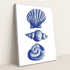This artwork features three blue seashell illustrations in a vertical arrangement on white, in a silver frame.