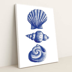 This artwork features three blue seashell illustrations in a vertical arrangement on white, in a white frame.