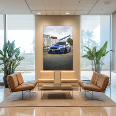 Blue Subaru WRX STI in Industrial Setting showcased as car wall art in a modern office lobby.