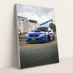 Blue Subaru WRX STI in Industrial Setting by Martynas Linge - Silver Frame Stretchiez