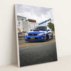 Blue Subaru WRX STI in Industrial Setting by Martynas Linge - White Frame Stretchiez